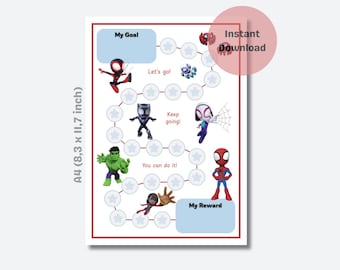 Könnte beinhalten: A4-großes, druckbares Belohnungsdiagramm mit Superhelden-Charakteren. Das Diagramm enthält Bereiche für Ziele und Belohnungen, mit Sätzen wie "Let's go!" und "You can do it!" Das Design beinhaltet einen roten Rahmen und Abschnitte mit "My Goal" und "My Reward".
