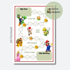 May include: A4-sized game board featuring characters from the Super Mario video game series. The board includes Mario, Luigi, Yoshi, Toad, and Princess Peach. Text includes "Mijn Doel", "Je kan het!", "Goed bezig!", "Blijf doorgaan!", "Je bent er bijna!", and "Mijn Beloning".
