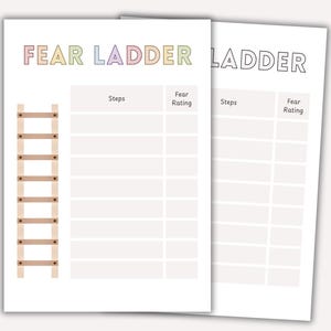 Könnte beinhalten: Zwei weiße Papierblätter mit dem Titel "FEAR LADDER" in Pastellfarben. Auf der linken Seite befindet sich eine Holzleiter-Grafik. Die Blätter haben Spalten für "Schritte" und "Angstbewertung".
