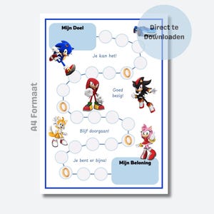 Op de afbeelding: Een A4-formaat spelbord met Sonic the Hedgehog-personages. Het bord heeft een blauwe rand en bevat Nederlandse tekst, zoals "Mijn Doel" en "Mijn Beloning". Het spelpad is gemarkeerd met ringen en karakterillustraties.