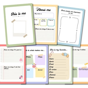 May include: A set of printable worksheets for children to fill out about themselves. The worksheets have colourful backgrounds and include prompts like "This is me", "About me", "These people are important to me", "These are things I'm good at", "This is what makes me", "This is my favourite", and "These are my 3 wishes".