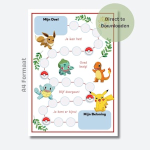 Op de afbeelding: A4-formaat printbare kaart met Pokémon-personages. De kaart bevat Eevee, Bulbasaur, Charmander, Squirtle en Pikachu. Tekst bevat "Mijn Doel", "Je kan het!", "Goed bezig!", "Blijf doorgaan!", "Je bent er bijna!" en "Mijn Beloning".
