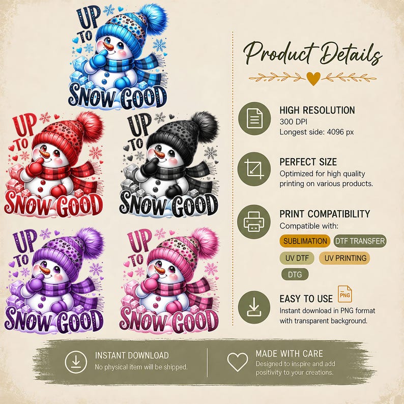 Snowman PNG product details showing five color examples, 300 DPI resolution, transparent background and sublimation DTF DTG printing compatibility