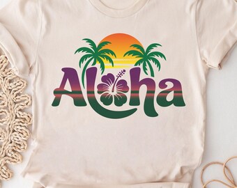 Pôr do sol retrô havaiano estilo Aloha em PNG e SVG | Design tropical com hibisco e palmeiras para o verão