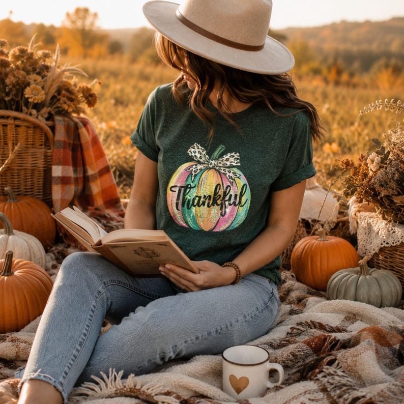 Woman reading outdoors on a cozy autumn picnic blanket wearing a green t-shirt featuring a colorful Thankful pumpkin design.