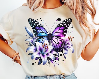 Purple Butterfly Png Sublimation Designs Irisdescent Butterfly Flower Graphic Images Glowing Butterfly Tshirt Png Designs UV DTF Transfers
