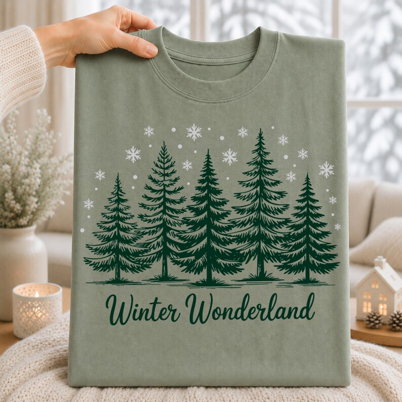 Winter Wonderland pine tree and snowflake graphic printed on a sage green T-shirt for a cozy winter apparel look