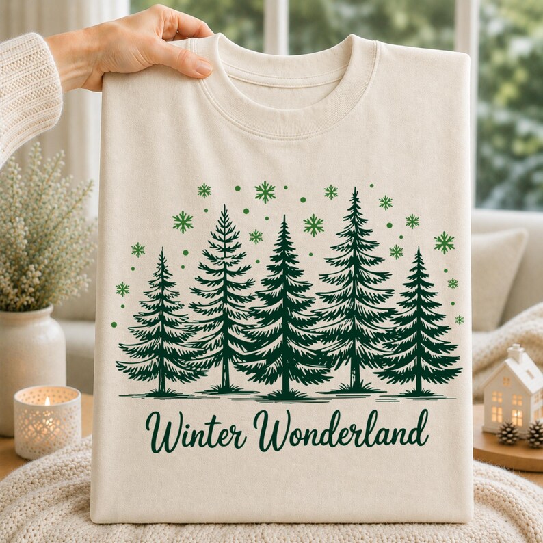 Winter Wonderland winter forest graphic printed on a cream T-shirt with pine trees, snowflakes and script lettering