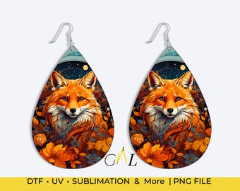 Fall Animals Teardrop Earrings Sublimation Woodland Creatures Png Bundle Fall Fox Popular Earrings Squirrel, Rooster and Bear Earring File