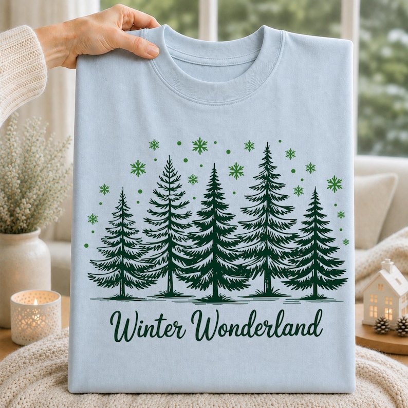 Winter Wonderland snowy forest T-shirt design displayed on a light blue shirt with evergreen trees and snowflakes