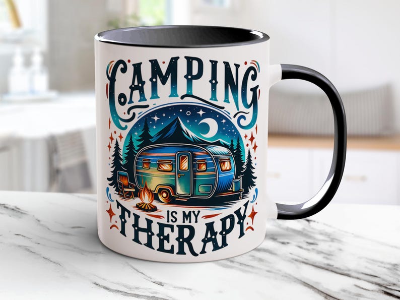 A retro-style "Camping Is My Therapy" PNG mug wrap design featuring a cozy camper under a starry sky, surrounded by pine trees, a campfire, and a chair. Perfect for sublimation on mugs, t-shirts and DIY projects.