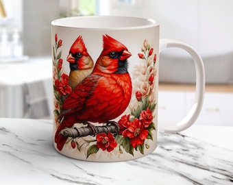 Cardinal Mug Wrap Animal Sublimation Designs Digital Download Rustic Coffee Mug Wrap Png Watercolor Cardinal Birds on Branch Png Print Gift