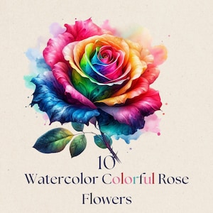 Puede incluir: Una pintura de acuarela de una rosa multicolor, con pétalos en tonos de azul, morado, rojo, amarillo y verde. La imagen incluye el texto "10 Watercolor Colorful Rose Flowers", sobre un fondo neutro.
