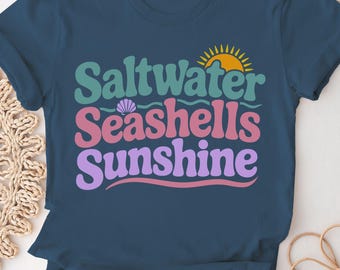 Conchas do Mar Salgadas e Sol PNG SVG, Design Retrô para Camiseta de Verão, Arquivo de Corte para Férias na Praia, Estampa para Sublimação