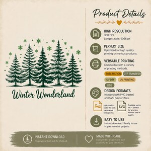 Winter Wonderland PNG and SVG winter shirt design showing 300 DPI, 4096 pixel resolution, transparent PNG and printing compatibility