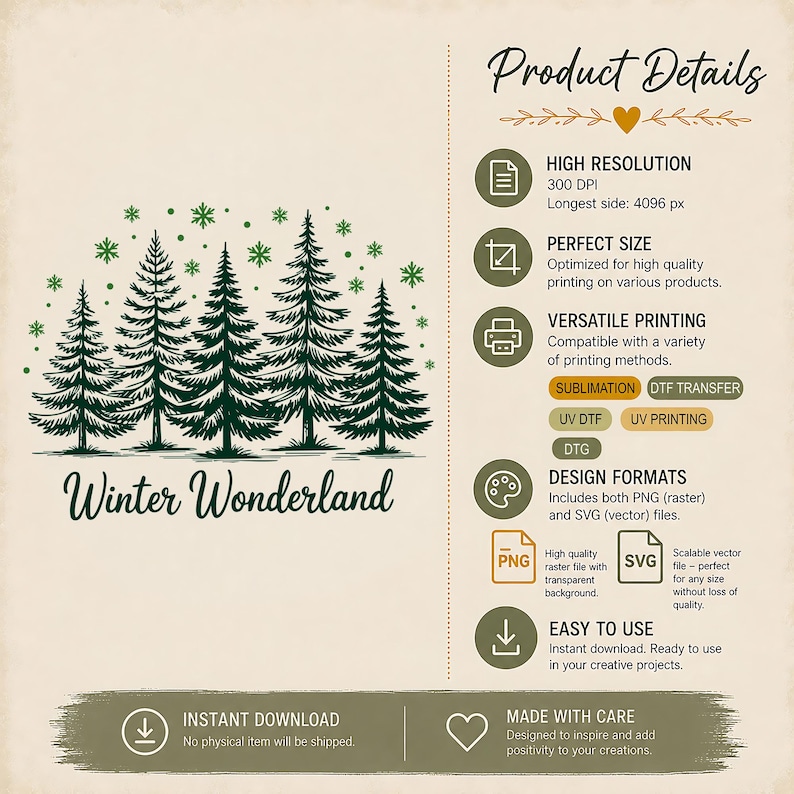 Winter Wonderland PNG and SVG winter shirt design showing 300 DPI, 4096 pixel resolution, transparent PNG and printing compatibility