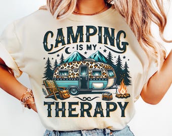 Camping Sublimation Design, Vintage Camping Prints, Leopard Van life Digital Print, Retro Funny Camping Shirt Png, Camping is My Therapy Png