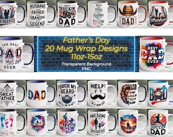 Paquete único de envoltorios para tazas del Día del Padre, diseño de sublimación PNG para padre e hija, transferencia UV DTF, regalo para esposo, padre e hijo, imagen gráfica