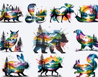 Forest Animal Png Shirt Design Bundle Sublimation Camping Wild Life Animal Silhouette Landscape Wilderness Animal Watercolor Clipart Bundle