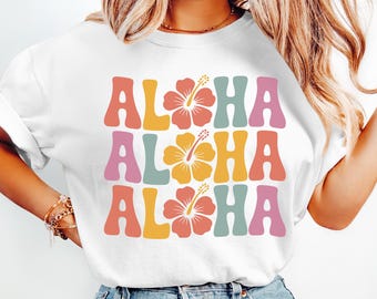 Aloha Typography SVG PNG Retro Summer Vacation Shirt Png Hibiscus Flower Summer Cut File Tropical Sublimation Designs Hawaii Graphic Images