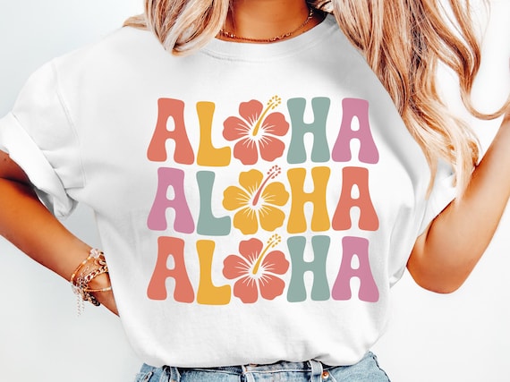 Aloha Typography SVG PNG Retro Summer Vacation Shirt Png Hibiscus Flower Summer Cut File Tropical Sublimation Designs Hawaii Graphic Images