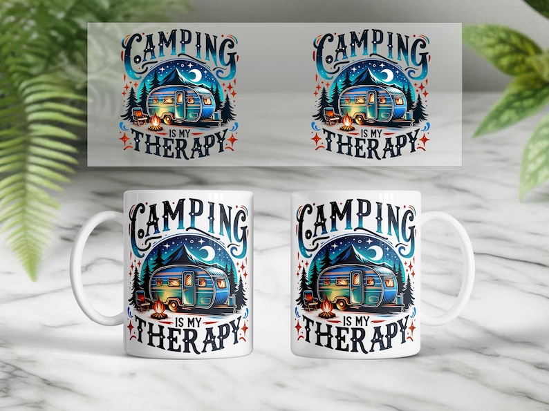 May include: White ceramic mug with a camping-themed design. The design features a blue and green camper under a starry night sky, with the text "Camping is my Therapy". The mug is perfect for enjoying hot beverages.
