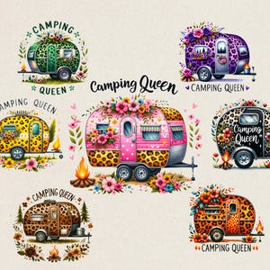 Camping Queen PNG Bundle with Leopard RV Cliparts for Sublimation, Girl Outdoor Graphic Fun Camping Png DTF Transfers Flower Camp Art Design