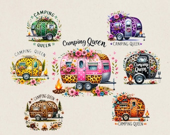 Camping Queen PNG Bundle with Leopard RV Cliparts for Sublimation, Girl Outdoor Graphic Fun Camping Png DTF Transfers Flower Camp Art Design