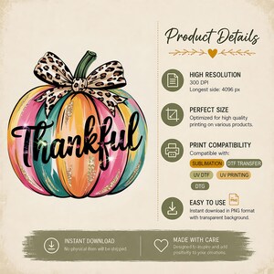 Colorful Thankful pumpkin PNG with leopard print bow displayed with product information showing high-resolution transparent PNG for sublimation printing.