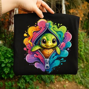 Puede incluir: Bolso tote negro con un diseño de tortuga de dibujos animados. La tortuga tiene un caparazón verde y ojos grandes, saliendo de una cremallera. La cremallera está rodeada de salpicaduras de pintura coloridas.