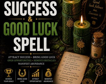 May include: Two green textured pillar candles with lit wicks and gold clover charms, a small glass jar labelled Good Luck Herbs, a parchment paper with My Intentions text, a gold key, and a coin, all set against a black background with white and green text.