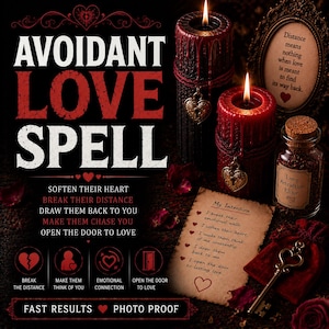 Może przedstawiać: Zestaw czarnych i czerwonych świec z zawieszkami w kształcie serca, szklana butelka z etykietą Love Attraction Elixir, ramka w stylu vintage z tekstem oraz pergamin zatytułowany My Intention. Obraz zawiera tekst AVOIDANT LOVE SPELL.