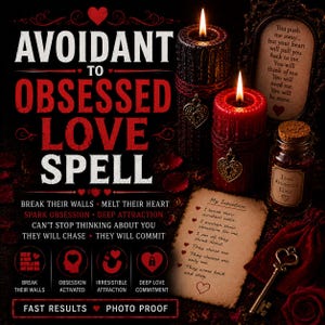 Może przedstawiać: Czarna i czerwona świeca pieńkowa z zawieszkami w kształcie serca, szklana buteleczka z etykietą Love Attraction Elixir, zabytkowy klucz oraz pergamin z tekstem My Intention i listą afirmacji miłosnych w języku angielskim.