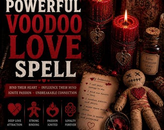 May include: Two red textured pillar candles with lit wicks and gold heart-shaped padlocks, a small tan burlap doll with a red heart patch, a glass bottle labeled Love Attraction Elixir, and a parchment paper with text about love spells.