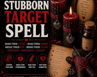 May include: Two black candles with red wax drips, each featuring a heart-shaped padlock charm. A small glass bottle labeled Obedience Elixir, a dark fabric doll wrapped in red thread, a metal key, and a parchment paper with text about intentions.