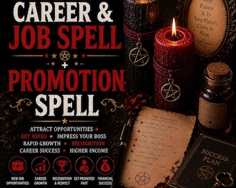 May include: A black and red candle set with pentacle charms, a small glass bottle labeled Success Elixir, a parchment paper with the text My Intention, a Success Plan book, and a gold key. The text reads Career & Job Spell and Promotion Spell.