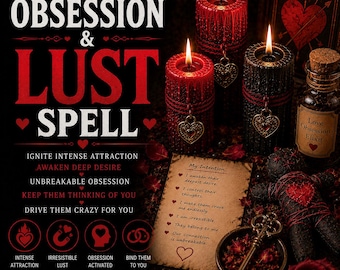 May include: Three textured pillar candles in red and black with heart-shaped charms, a small glass bottle labeled Love Obsession Elixir, a dark fabric doll with a red heart, a metal key, and a parchment paper with the text My Intention.