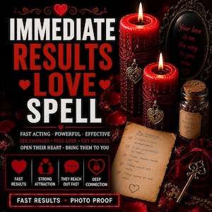 Può includere: Due candele a pilastro rosse testurizzate con ciondoli a forma di cuore, un barattolo di vetro etichettato Love Attraction Herbs, una pergamena con il testo My Intention e una chiave in metallo. L'immagine presenta il testo IMMEDIATE RESULTS LOVE SPELL.