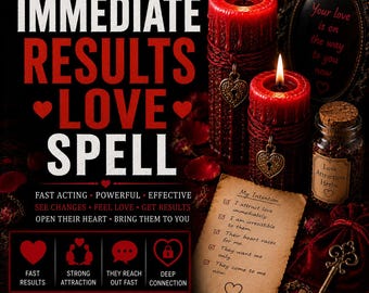 May include: Two red textured pillar candles with heart-shaped lock charms, a glass jar labelled Love Attraction Herbs, a parchment paper with the text My Intention, and a metal key. The image features the text IMMEDIATE RESULTS LOVE SPELL.