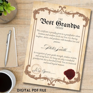 Certificado digital en formato PDF personalizable e imprimible: premio al mejor abuelo, regalo para el abuelo, regalo para el abuelo, regalo de última hora.