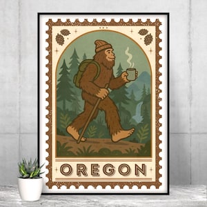 Retro Bigfoot Oregon Briefmarke Kunst Poster Druck, gerollte Wand Dekor Geschenk, Vintage Sasquatch Illustration, pazifischer Nordwesten Sasquatch Kunst, Oregon