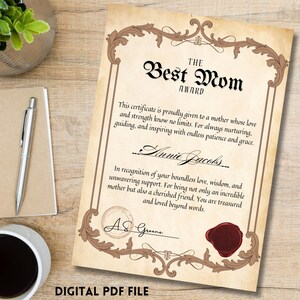 Certificado digital en formato PDF personalizable e imprimible: premio a la mejor mamá, regalo para el Día de la Madre, regalo de último minuto para mamá.
