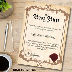 Certificat numérique personnalisable au format PDF imprimable - Prix du meilleur cul, cadeau pour petite amie, femme - Cadeau amusant de dernière minute pour un anniversaire de mariage