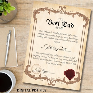 Certificado digital en formato PDF personalizable e imprimible: premio al mejor papá, regalo para papá, regalo del Día del Padre, regalo de último minuto para papá.