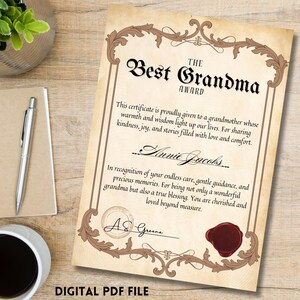 Certificado digital en formato PDF personalizable e imprimible: premio a la mejor abuela, regalo para la abuela, regalo para la abuela, regalo de último minuto para la abuela.