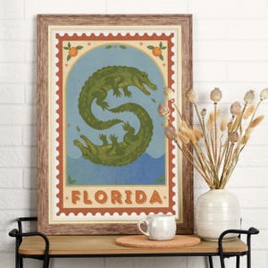 Póster enrollado de caimán de Florida estilo sello vintage, arte mural, decoración del hogar, regalo para amantes de la naturaleza, impresión artística de caimán, póster de viaje, retro