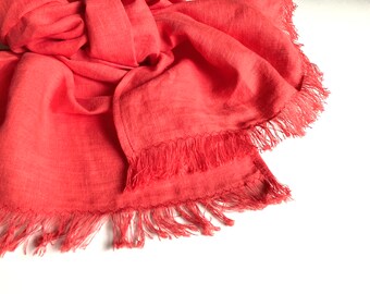 Coral red scarf, frayed pure linen woman's shawl, soft bright solid unisex scarf in minimalist style, eyecatching spring accessory