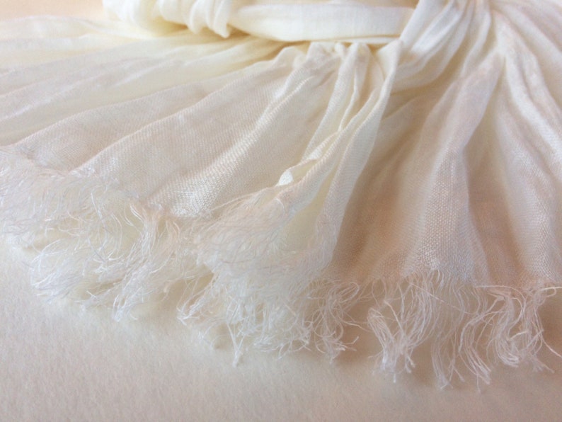 White linen scarf gift for her washed gauzy bridal scarf with fringe long lightweight shawl for women for men