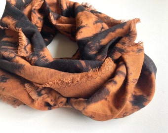 Rust orange black tie dye pure linen viscose infinity scarf, hand dyed batik tubescarf, gender neutral circle scarf