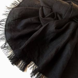 Black linen scarf, black solid pure flax unisex shawl, frayed skinny men's scarf in minimalist style, gift for him or her, casual outfit image 6